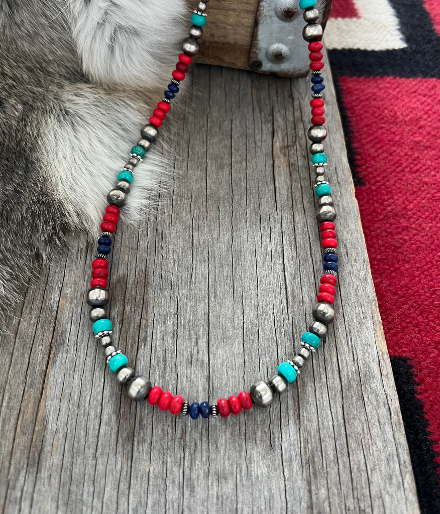 Beautiful Necklace made with 6mm, 8mm pearls, Turquoise & Coral Acai Beads