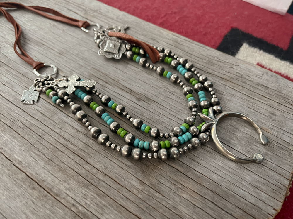 Handmade Navajo Pearl 3 Strand Necklace & Sand Cast Style Naja Pendant! ~ Blue & Green Acai ~ Adjustable Length!