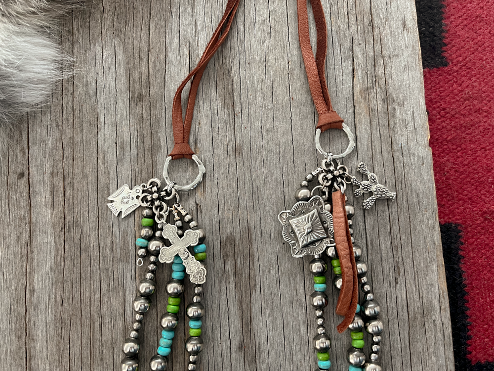 Adjustable Length ~ 3 Strand Navajo Style Pearls ~ Sand Cast Style Naja Pendant! Blue & Green Acai