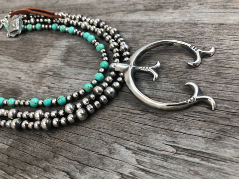 Handmade Navajo Pearl 3 Strand Necklace & Sterling Silver Sand-Cast Naja Pendant ~ Adjustable Length