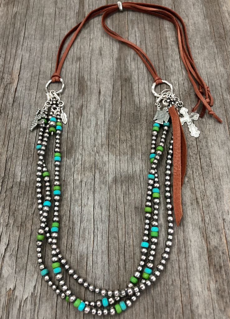 Navajo Pearl Ring & Leather Necklace ~ Blue and Green