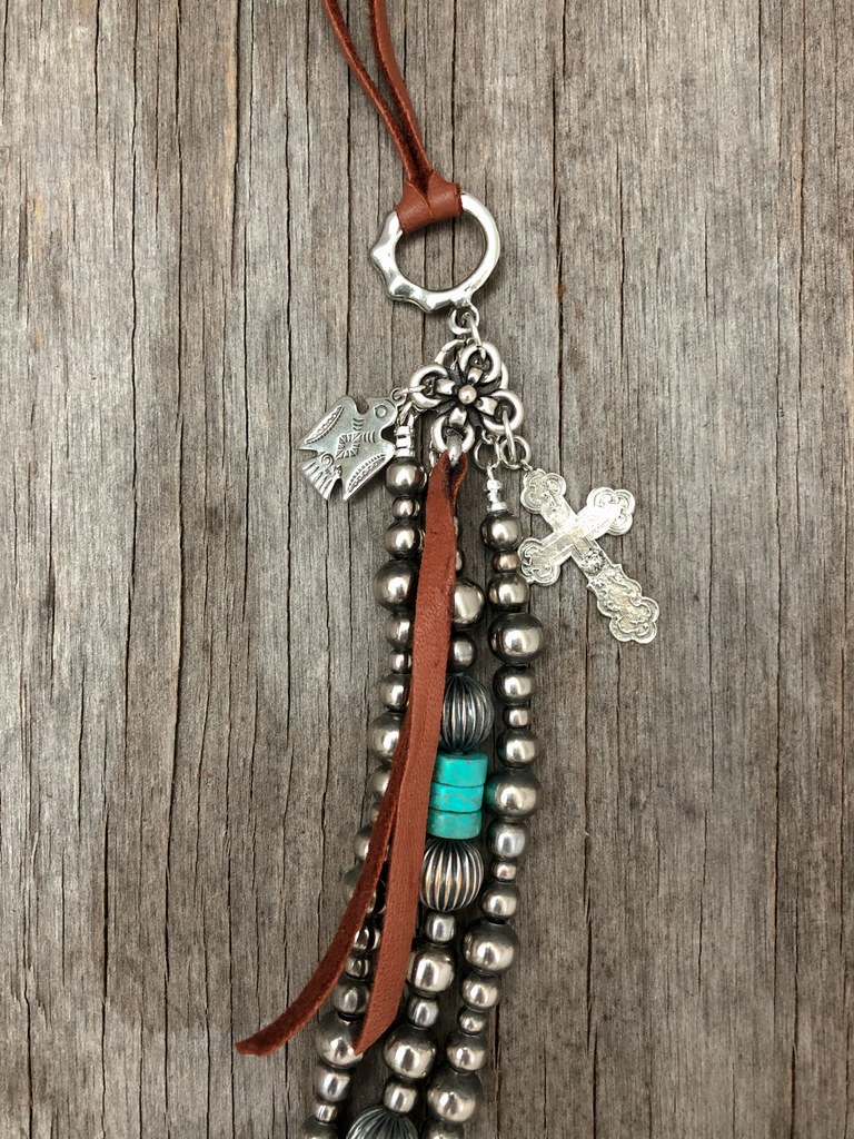Adjustable Length ~ 3 Strand Navajo Style Pearls ~ Sterling Silver 5, 6 and 8 mm Beads with Turquoise & Pumpkin Beads