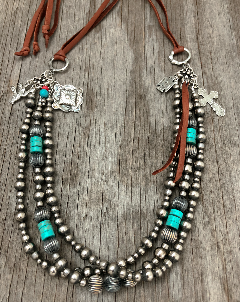 Adjustable Length ~ 3 Strand Navajo Style Pearls ~ Sterling Silver 5, 6 and 8 mm Beads with Turquoise & Pumpkin Beads
