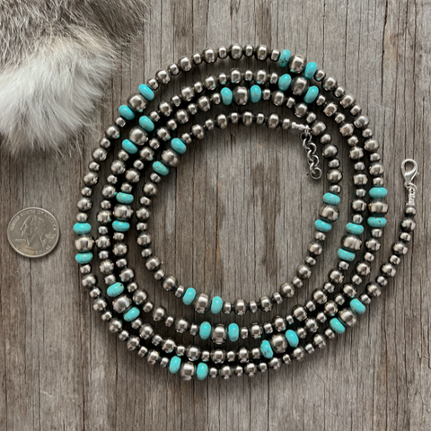 Navajo Pearl Handmade Necklace with  6, 8, and 10mm German Silver beads and Turquoise