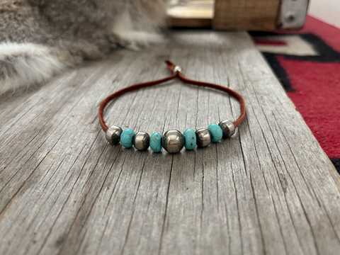 Navajo Pearl & Turquoise Leather Bracelet ~ Adjustable