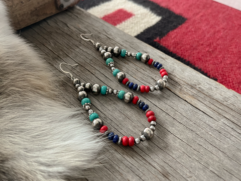 Handmade Navajo Pearl Colorful Teardrop Earrings ~ Lapis, Turquoise & Coral Acai!