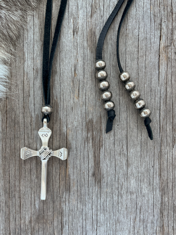 Artistic Sterling Silver Cross Pendant on Black Leather ~ Lariat