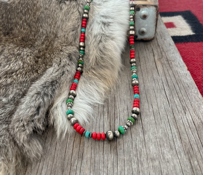 Navajo Style Pearls 4mm, 6mm, 8mm pearls, Silver Pumpkin Beads n Turquoise & Coral Acai Beads
