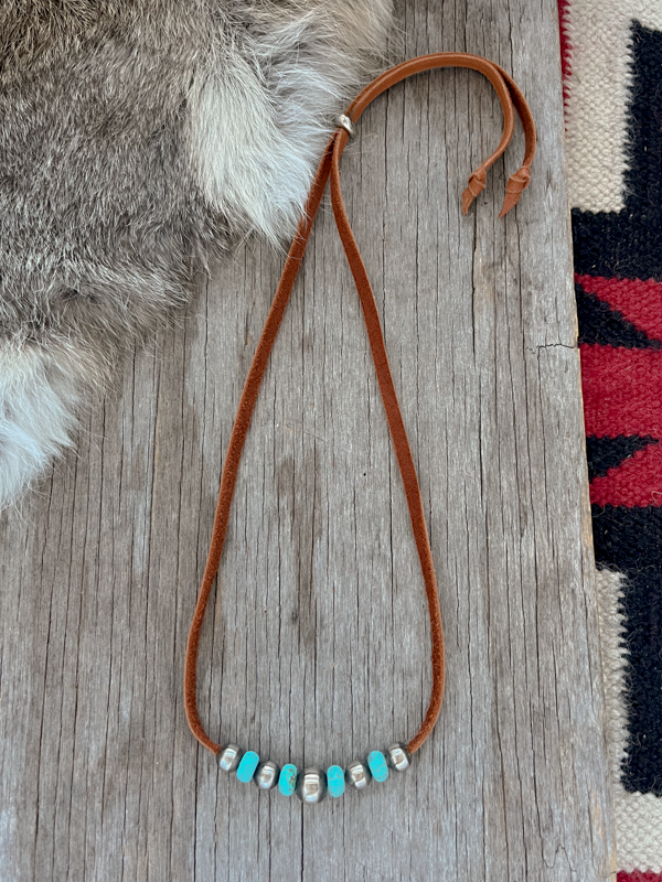 Navajo Style Pearl & Turquoise Leather Choker ~ Adjustable ~ Soft High Quality Leather