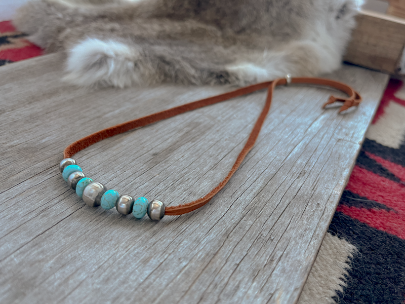 Navajo Style Pearl & Turquoise Leather Choker ~ Adjustable ~ Soft High Quality Leather