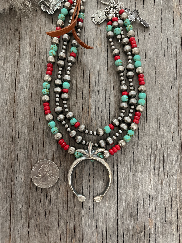 Handmade Navajo Pearl 3 Strand Necklace ~ Sand Cast Style Naja Pendant! Coral & Turquoise Acai ~ Adjustable Length