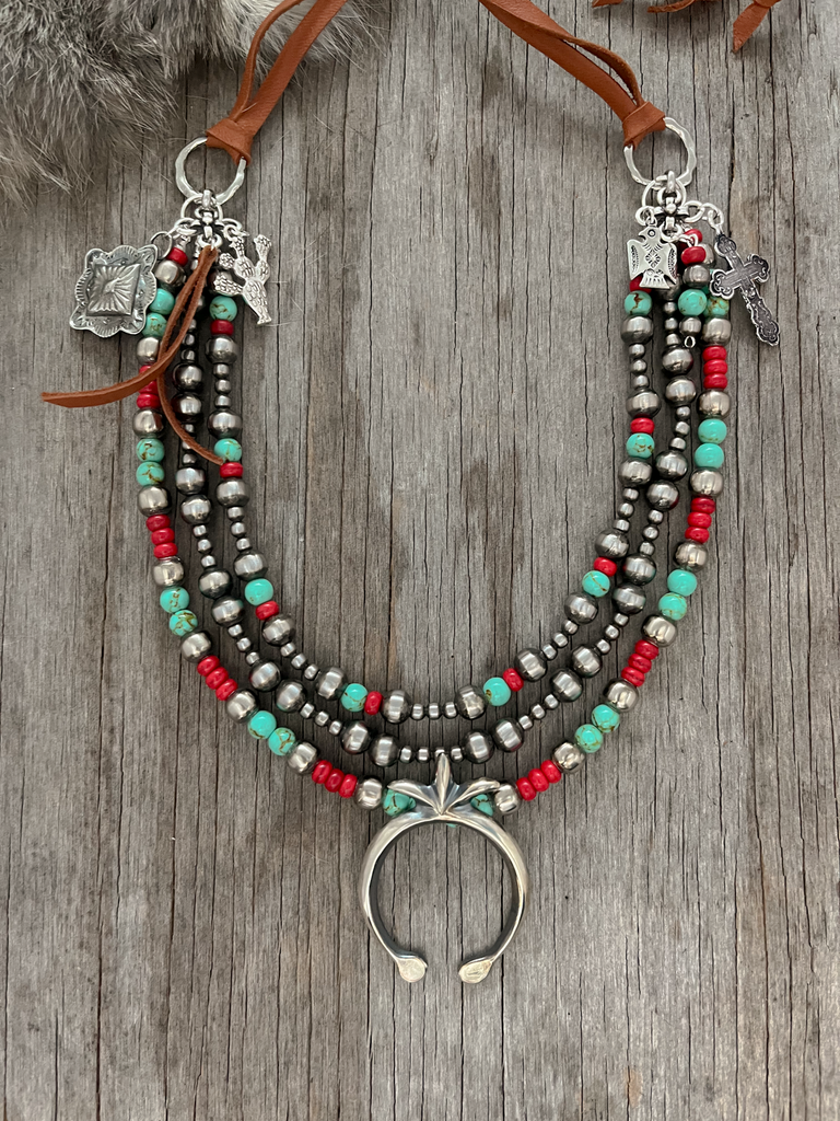 Adjustable Length ~3 Strand Navajo Style Pearls ~Sand Cast Style Naja Pendant! Coral & Turquoise Acai